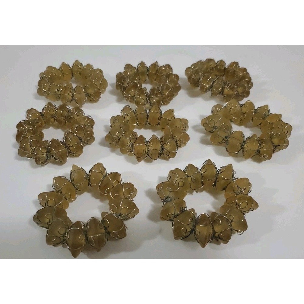 Vintage Yellow Beige Stone and Wire Napkin Rings set of 8 Abstract Bohemian